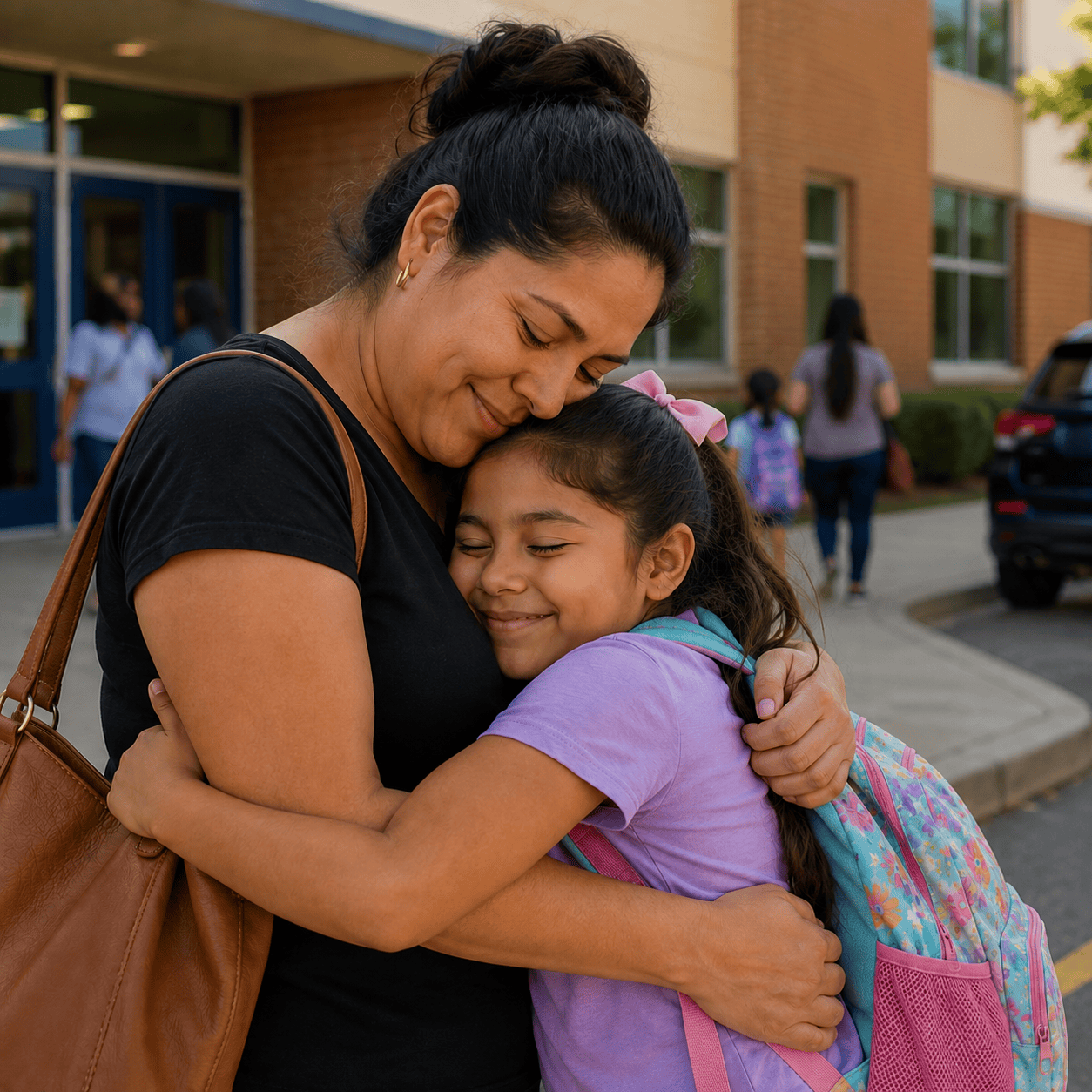 Make a Plan for Your Children Mom hugging daughter at school pickup